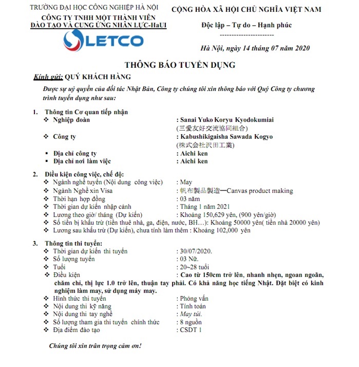Thông báo tuyển dụng của công ty Letco