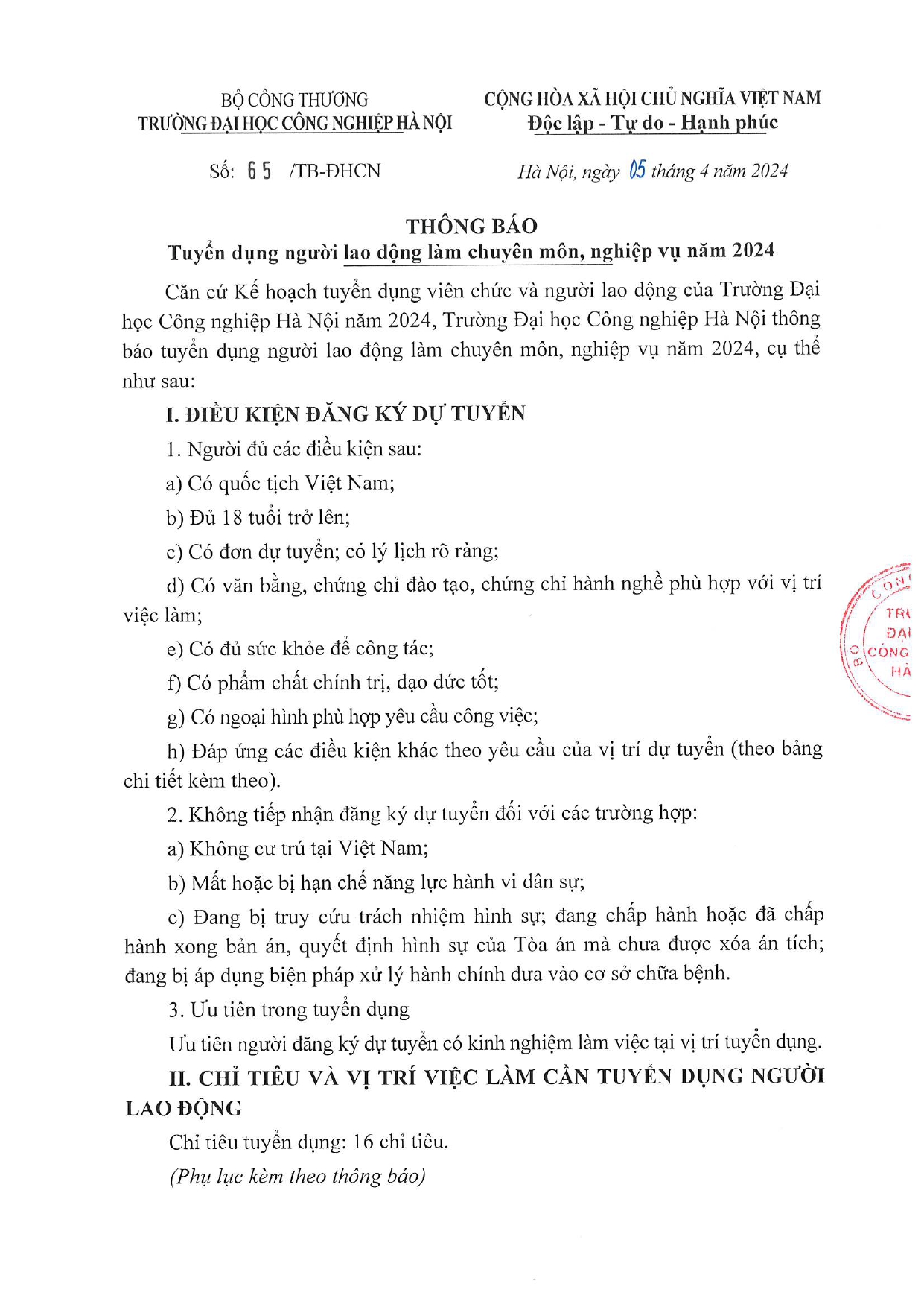 Trường Đại học Công nghiệp Hà Nội tuyển dụng viên chức giảng dạy