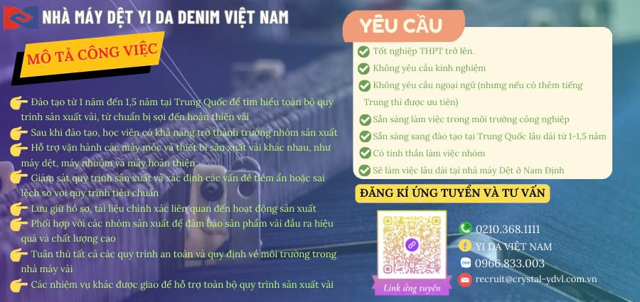 NHÀ MÁY DỆT YI DA DEMIM TUYỂN DỤNG VỊ TRÍ THỰC TẬP SINH