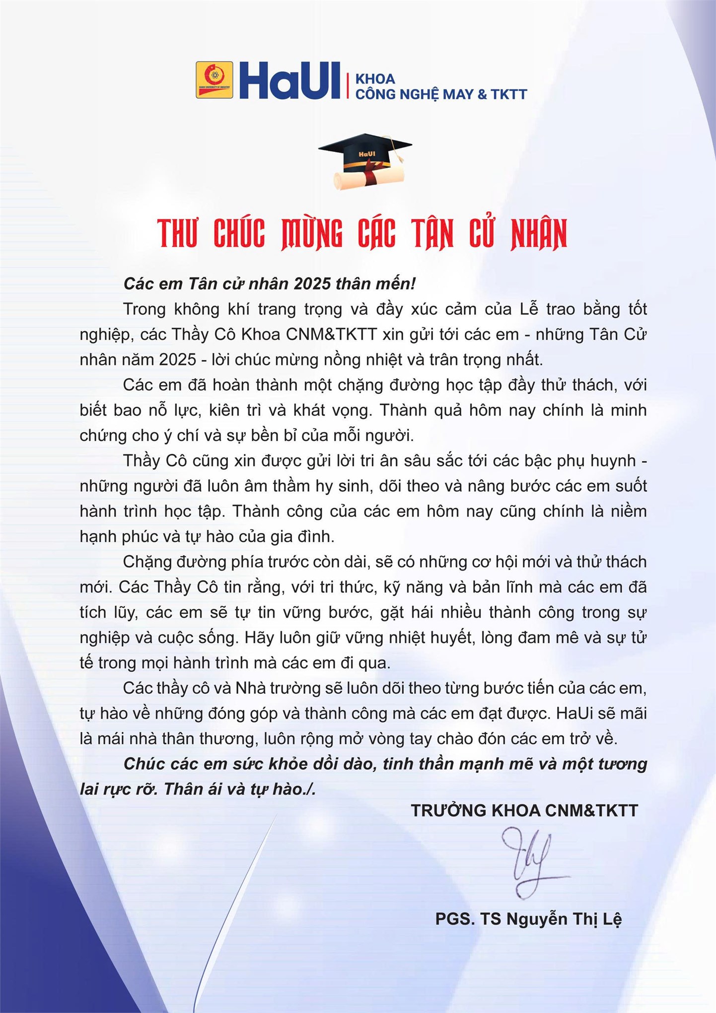 Thư chúc mừng các tân cử nhân