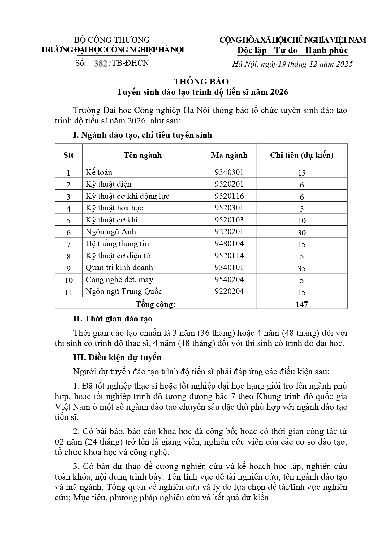 Thông tin tuyển sinh trình độ tiến sĩ năm 2026