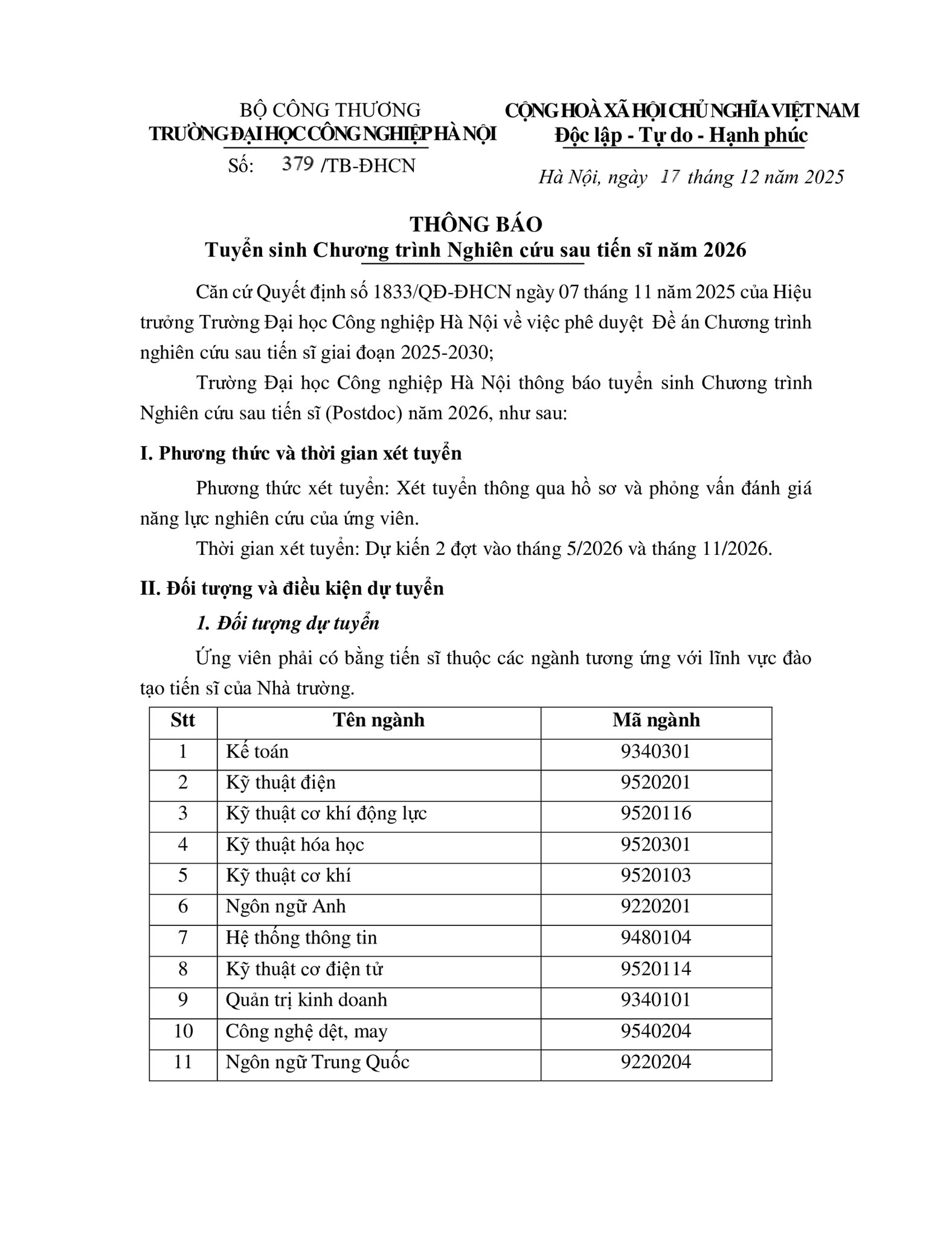 THÔNG BÁO TUYỂN CHƯƠNG TRÌNH SAU TIẾN SĨ NĂM 2026