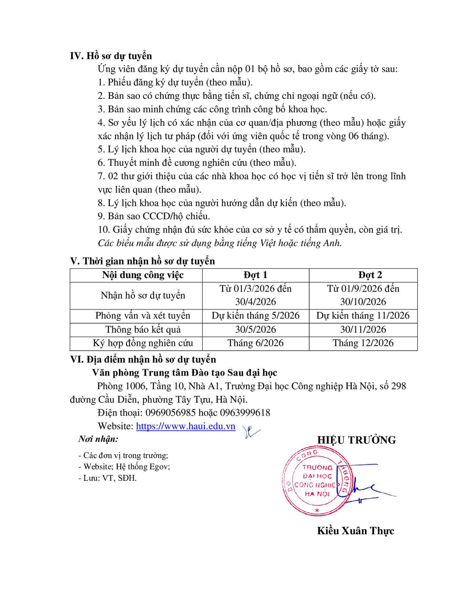 THÔNG BÁO TUYỂN CHƯƠNG TRÌNH SAU TIẾN SĨ NĂM 2026