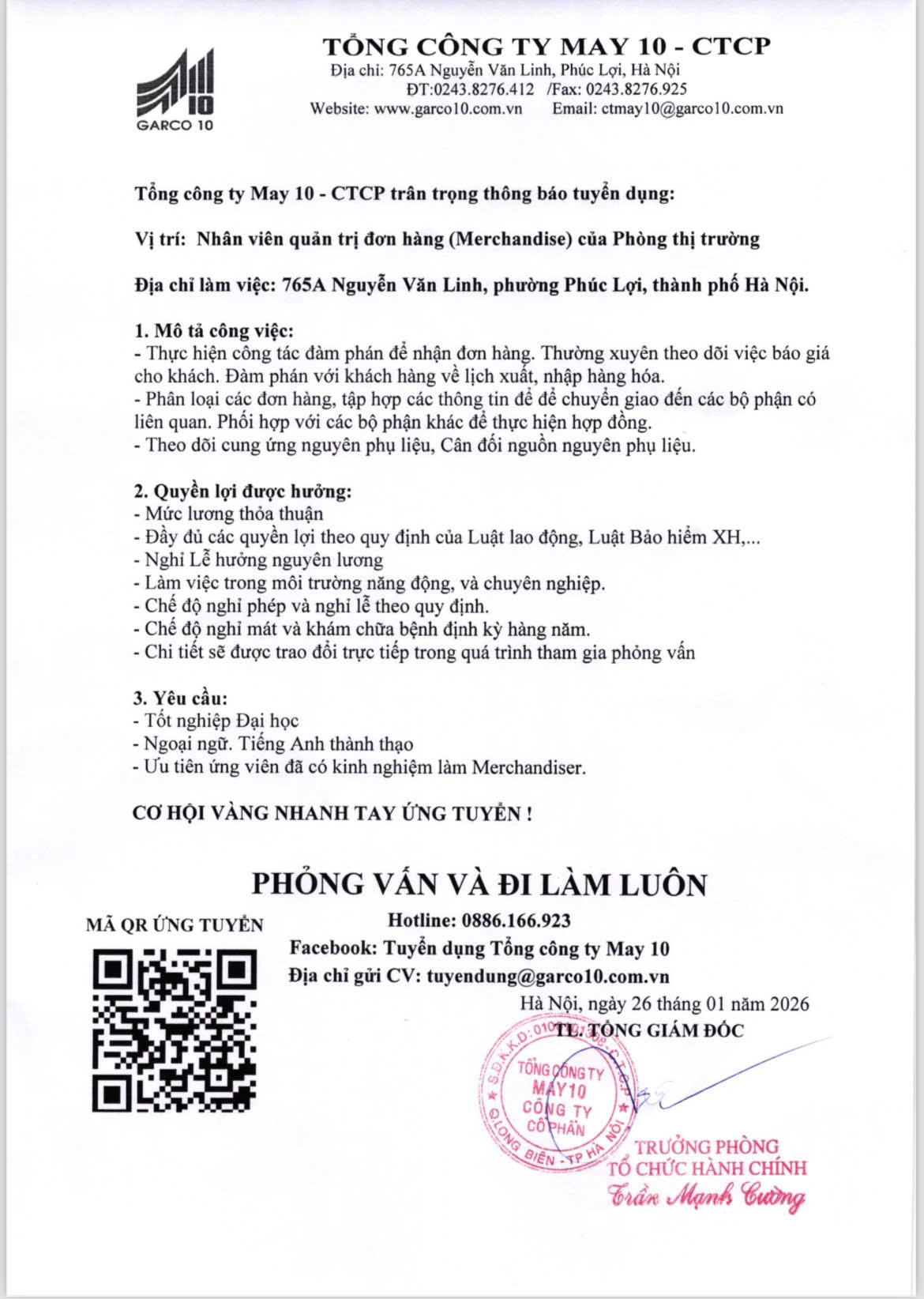 Thông tin tuyển dụng Tổng Công ty May 10
