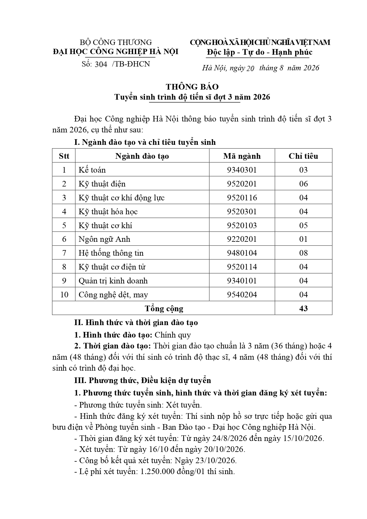 Thông báo tuyển sinh tiến sĩ năm 2026